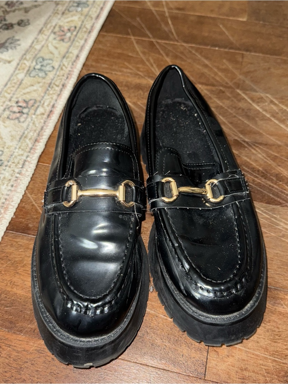 Black faux Leather Loafers with Gold Hardware